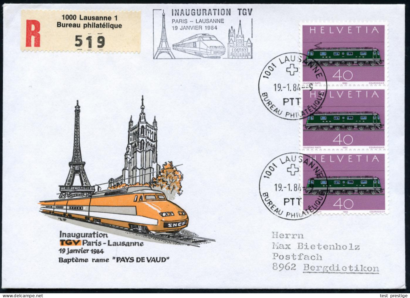 SCHWEIZ 1984 (19.1.) HdN: INAUGURATION TGV/ PARIS - LAUSANNE = TGV (vor Eiffelturm U. Dom) 3x 40 C. Dampflok + 1K: 1001  - Trains