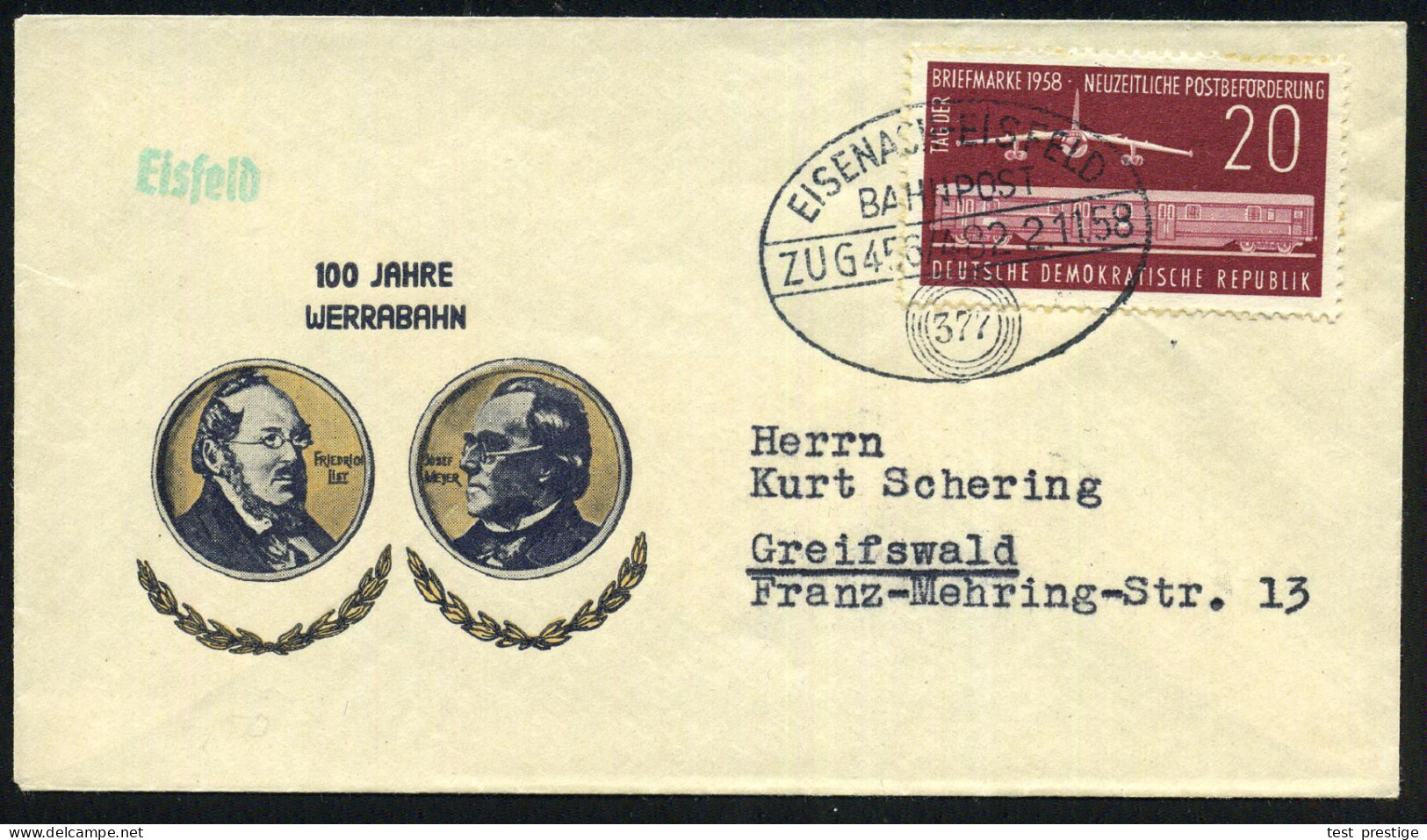 EISENACH-EISFELD/ BAHNPOST/ ZUG 456-482/ 377 1958 (2.11.) Jubil.-Bahn-Oval (Ringstempel "377") Jubil.-Miniatur-SU: 100 J - Trenes