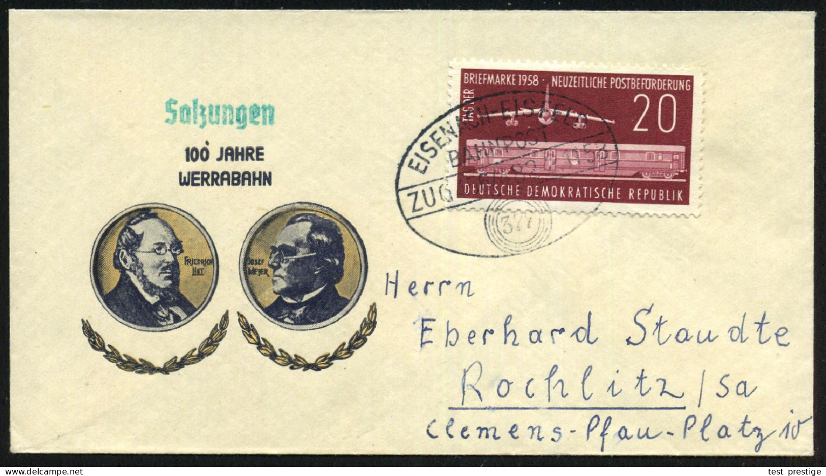 EISENACH-EISFELD/ BAHNPOST/ ZUG 456-482/ 377 1958 (2.11.) Jubil.-Bahn-Oval (Ringstempel "377") Jubil.-Miniatur-SU: 100 J - Trenes