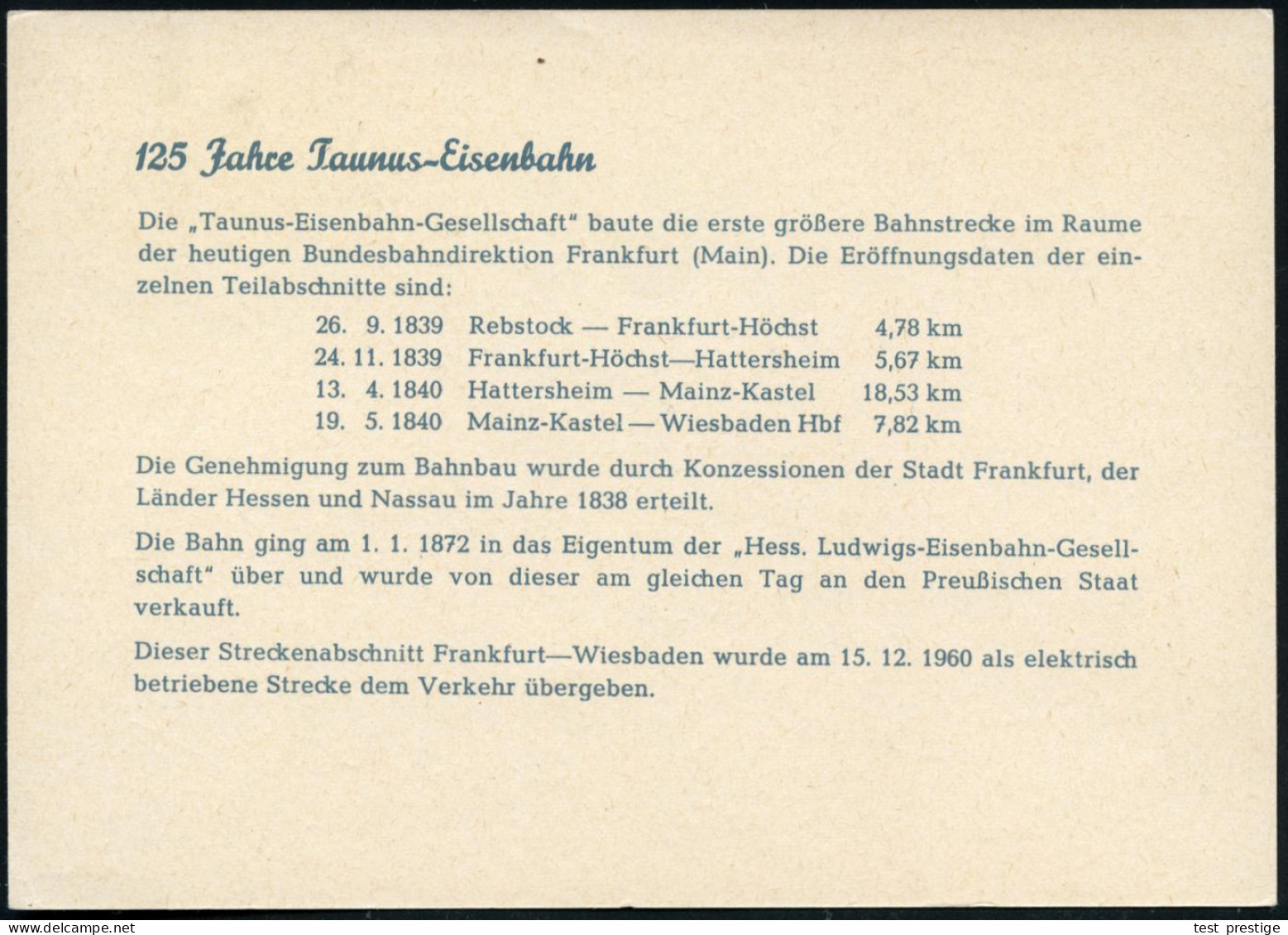 62 WIESBADEN/ 125 Jahre Taunuseisenbahn.. 1965 (13.4.) SSt = E-Lok, Dampfzug Auf Bedarfs-Jubil.-Sonderkt. - EISENBAHN-JU - Eisenbahnen