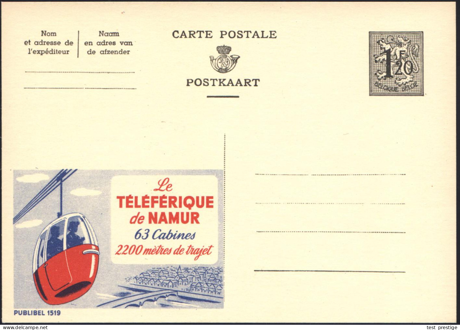 BELGIEN 1954 1,20 F. Reklame-P. , Oliv: Le TELEFERIQUE De NAMUR.. = Gondel-Seilbahn , Französ. Text, Ungebr. (Mi.P 289 I - Trains