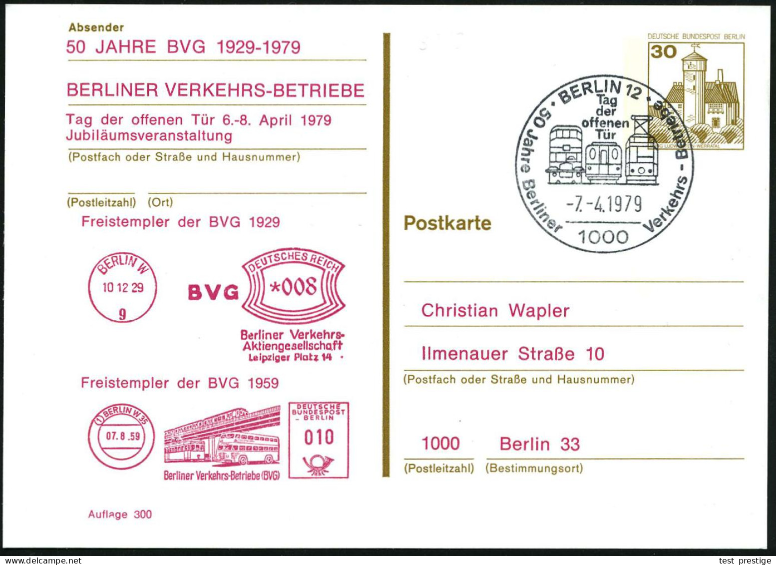 1000 BERLIN 12/ Tag/ Der/ Offenen/ Tür/ 50 Jahre Berliner Verkehrs-Betriebe 1979 (7.4.) SSt = Tram, Bus, U-Bahn Auf Amtl - Tramways