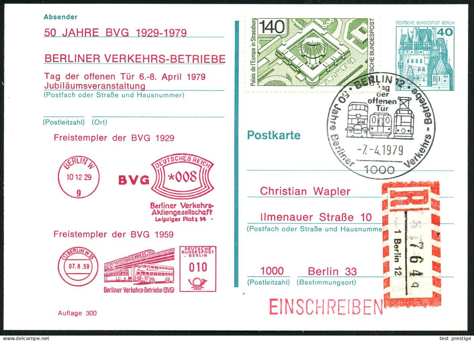 1000 BERLIN 12/ 50 Jahre Berliner Verkehrs-Betriebe.. 1979 (7.4.) SSt = U-Bahn, Bus,  T R A M  Auf Amtl. P 40 Pf. Burgen - Strassenbahnen