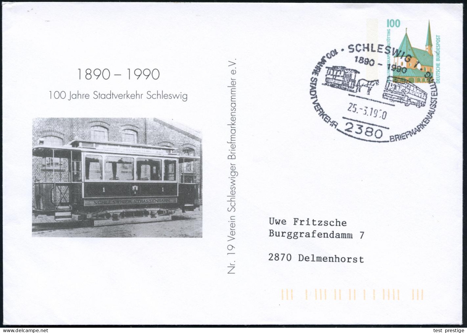 2380 SCHLESWIG 1/ 1890-1990/ 100 JAHRE STADTVERKEHR 1990 (25.3.) SSt = Pferde-Tran (u. Stadtbus) Auf PU 100 Pf. Bauwerke - Strassenbahnen