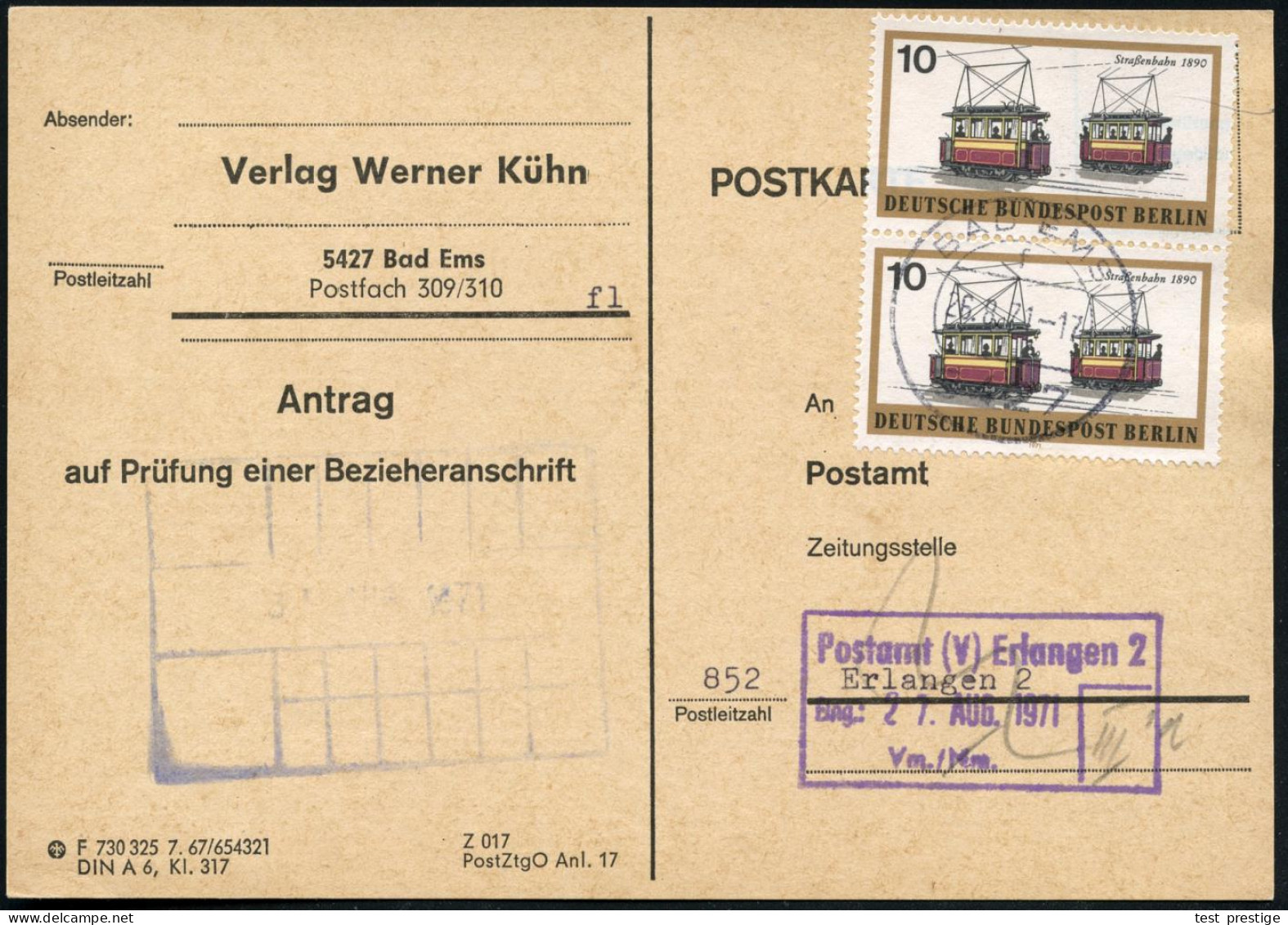 B.R.D. /  BERLIN 1971 (26.8.) Berlin 10 Pf. "Straßenbahn 1890", Paar Auf Seltener Zeitungs-Bezieher-Anschriften-Prüfung! - Tranvías