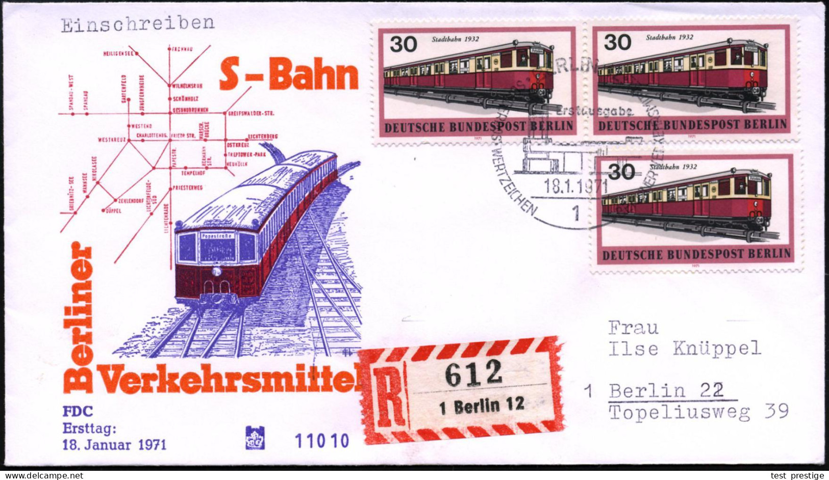BERLIN 1971 (18.1.) 30 Pf. S-Bahn 1932, Reine MeF: 3 Stück + ET-SSt + RZ: 1 Berlin 12 , Klar Gest. Orts-R-Bf. + R-Einl.- - Trenes