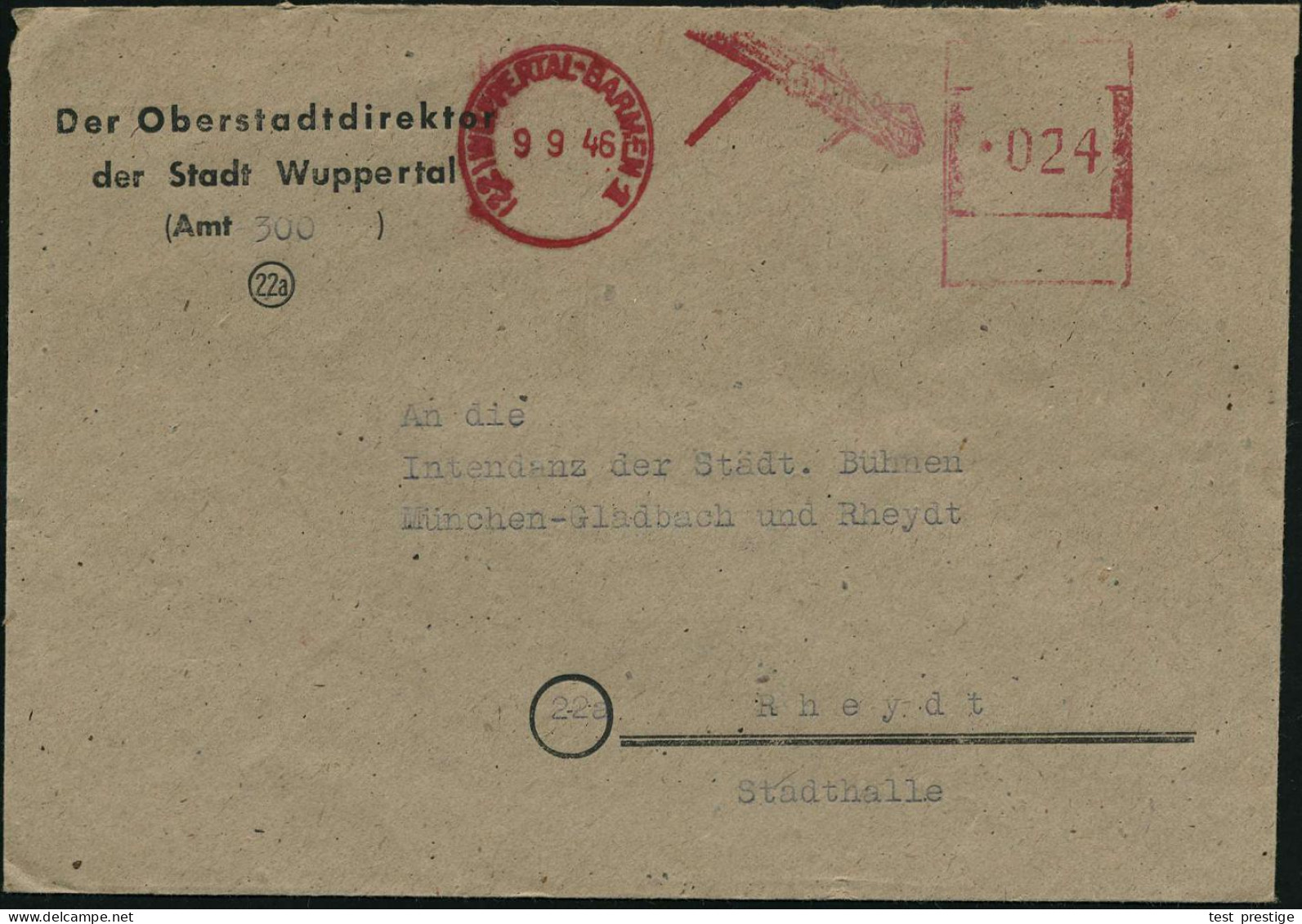 (22) WUPPERTAL-BARMEN 1 1946 (9.9.) Sehr Seltener, Aptierter AFS Francotyp "Hakenkreuz" = Entfernt  +  Absender-Text Ent - Eisenbahnen