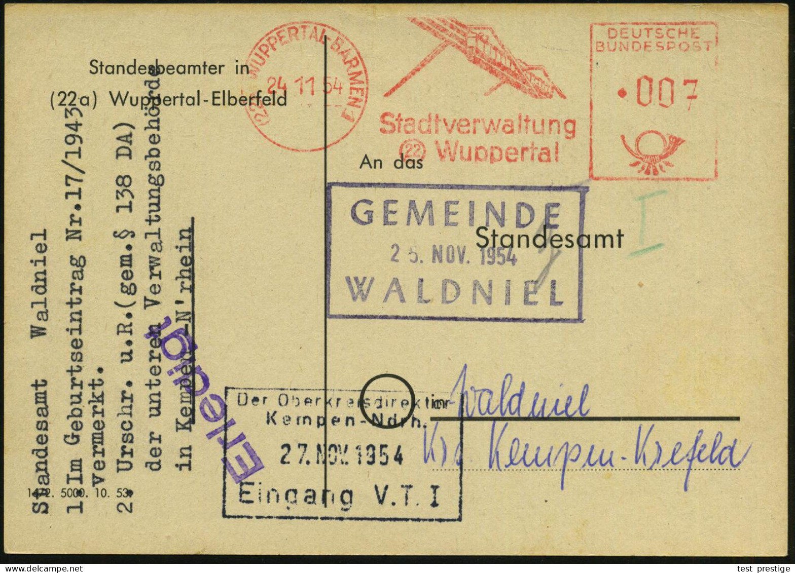 (22a) WUPPERTAL-BARMEN 1/ Stadtverwaltung 1954 (24.11.) AFS Francotyp = Schwebebahn , Klar Gest. Kommunal-Kt.: Standesbe - Eisenbahnen