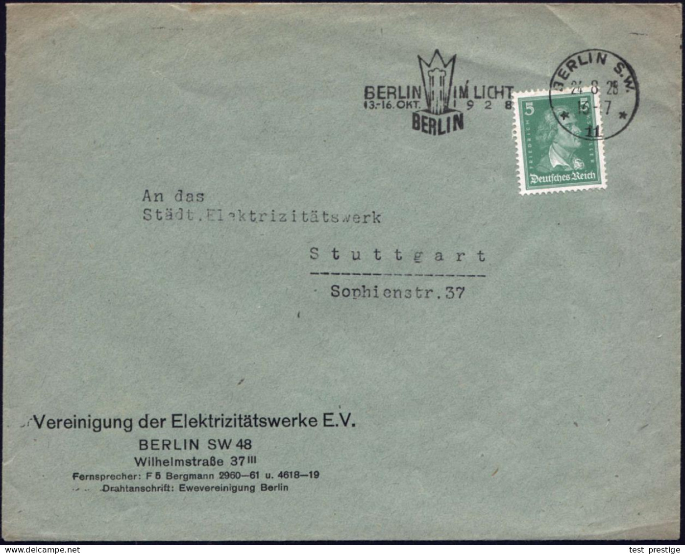 BERLIN SW/ *11*/ BERLIN IM LICHT/ 13.-16.OKT. 1928 (24.8.) Seltener MWSt = Licht-Dom , Klar Gest. Firmen-Bf.: Vereinigun - Autres & Non Classés