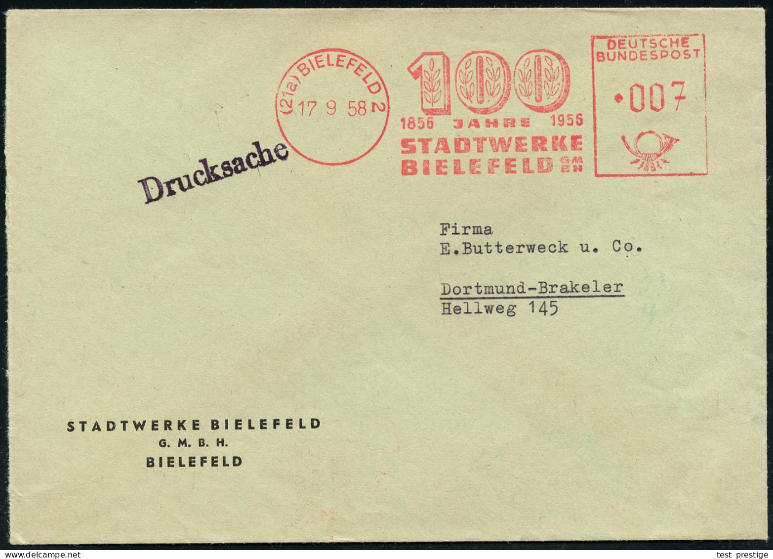 (21a) BIELEFELD 2/ 1856 100 JAHRE 1956/ STADTWERKE.. 1958 (17.9.) Jubil.-AFS Francotyp ("100" Mit Lorbeer) Firmen-Bf. (D - Sonstige & Ohne Zuordnung