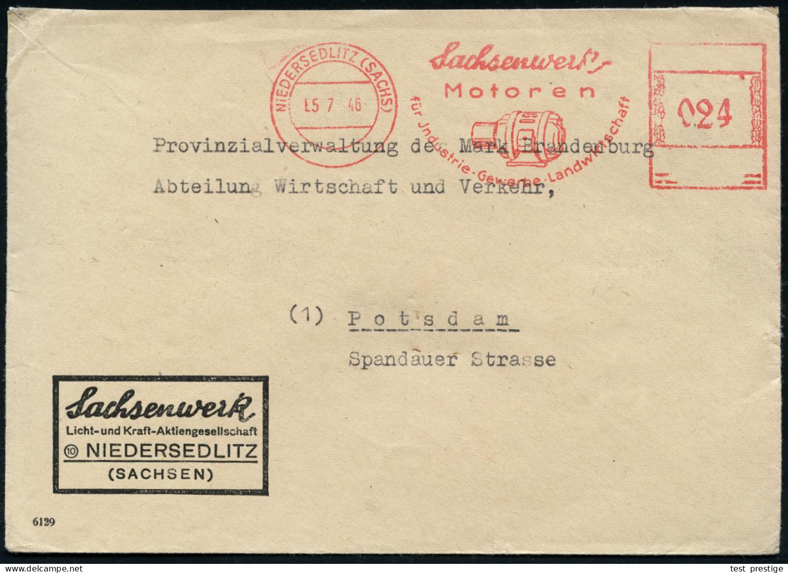 NIEDERSEDLITZ (SACHS)/ Sachsenwerk/ Motoren/ Für Industrie-Gewerbe-Landwirtschaft 1946 (5.7.) Seltener, Aptierter AFS Fr - Sonstige & Ohne Zuordnung