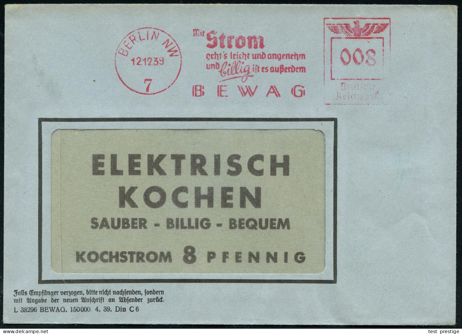 BERLIN NW/ 7/ Mit Strom/ Geht's Leicht U.angenehm/ U,billig Ist Es Außerdem/ BEWAG 1939 (12.12.) AFS Francotyp Auf Rekla - Electricité