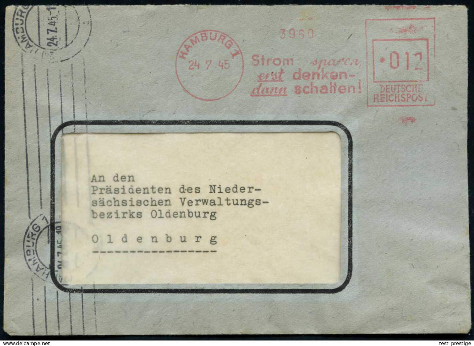 HAMBURG 1/ Strom Sparen/ Erst Denken-/ Dann Schalten! 1945 (24.7.) Aptierter AFS Francotyp "Reichsadler Antiqua" = Entfe - Electricity