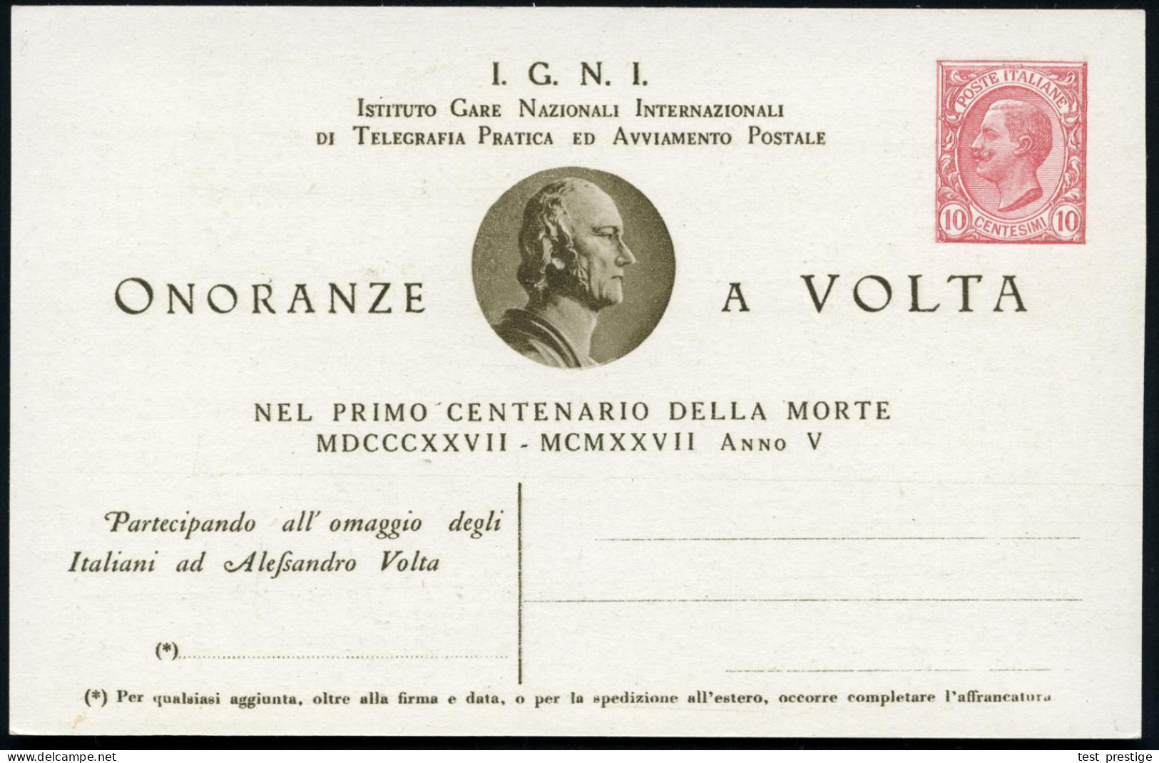 ITALIEN 1927 10 C. Sonder-P., Braun: "100. Todestag  V O L T A"  (Volta-Kopfbild) Rs. Leuchtturm "Volta" , Ungebr. (Mi.P - Electricity