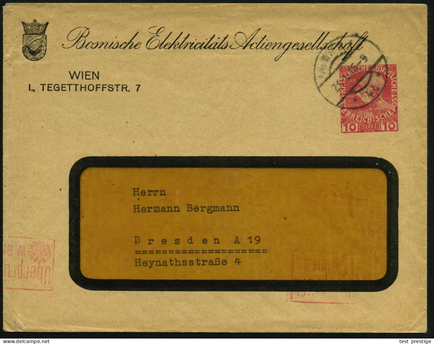 ÖSTERREICH 1915 (21.1.) PU 10 H. KFJ-Jubil., Rot: Bosnische Elektrizitäts-AG Wien Bosn. Wappen = Hand Mit Krummschwert,  - Elektriciteit