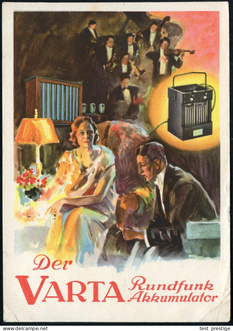 Berlin SW 11 1930 (28.3.) Color-Künstler-Reklame-Ak.: Der VARTA Rundfunk Akkumulator (Paar Mit Radio U. Orchester Etc.)  - Electricité