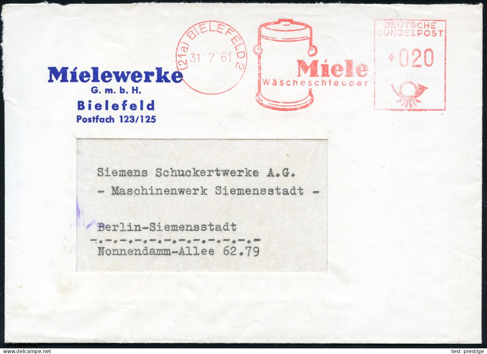 (21a) BIELEFELD 2/ Miele/ Wäscheschleuder 1961 (31.7.) Dekorativer AFS Francotyp = Wäscheschleuder , Firmen-Bf.: Mielewe - Electricidad