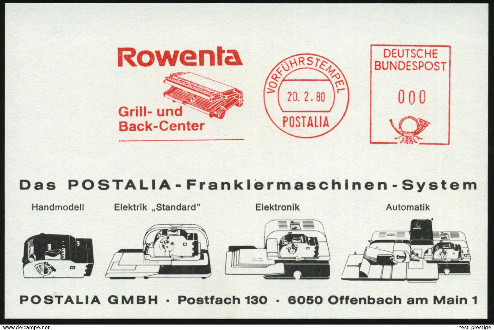 Erbach Odw. /  Offenbach 1980 (20.2.) AFS: VORFÜHRSTEMPEL/POSTALIA/Rowenta/Grill-u./Back-Center (Backgerät) Seltene Post - Electricidad