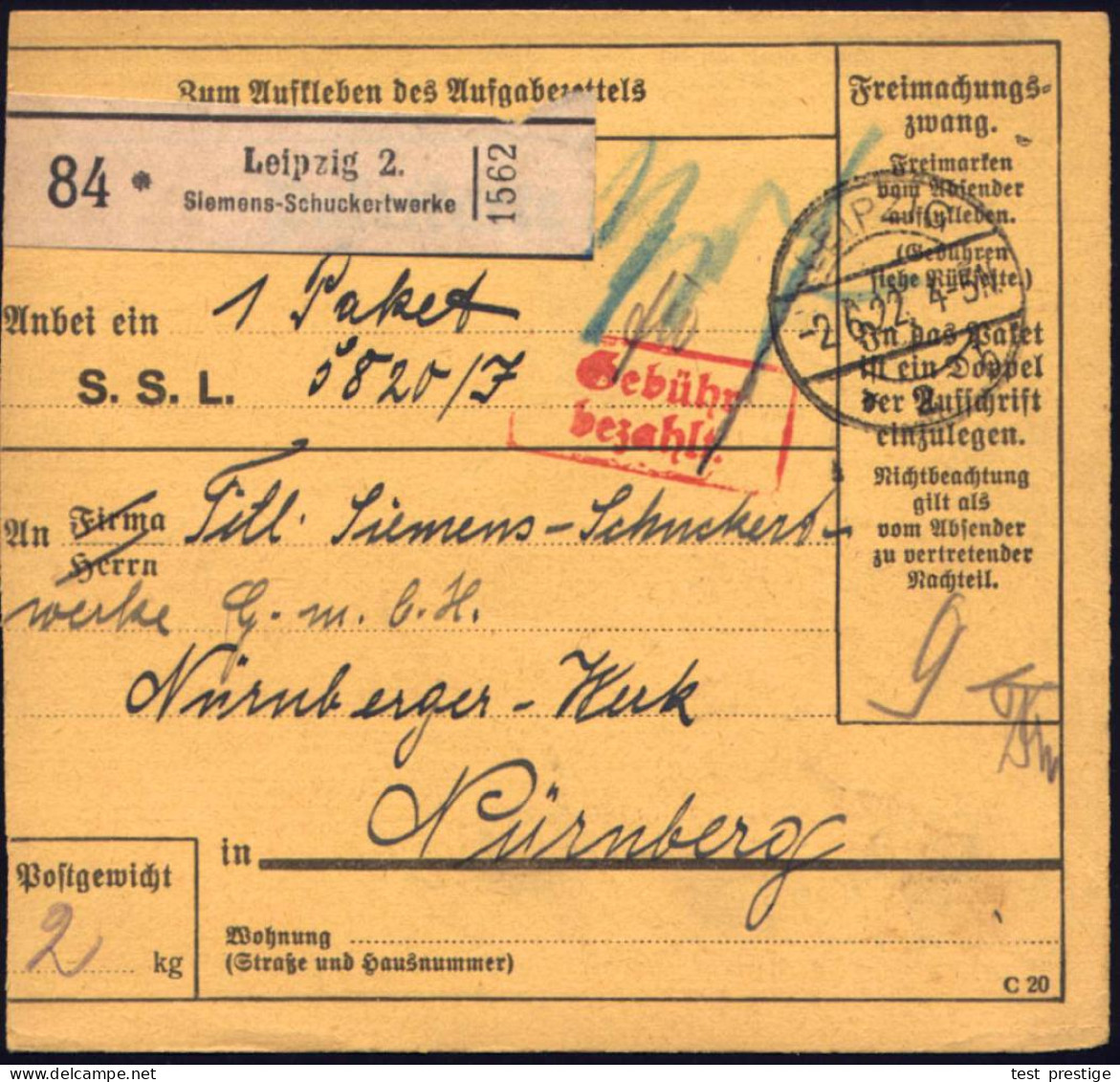 Leipzig 2./ Siemens-Schuckertwerke 1922 (2.6.) Selbstbucher-Paketzettel + 1K-Steg: LEIPZIG/* 2 B + Roter Ra.2: Gebühr /b - Elektrizität