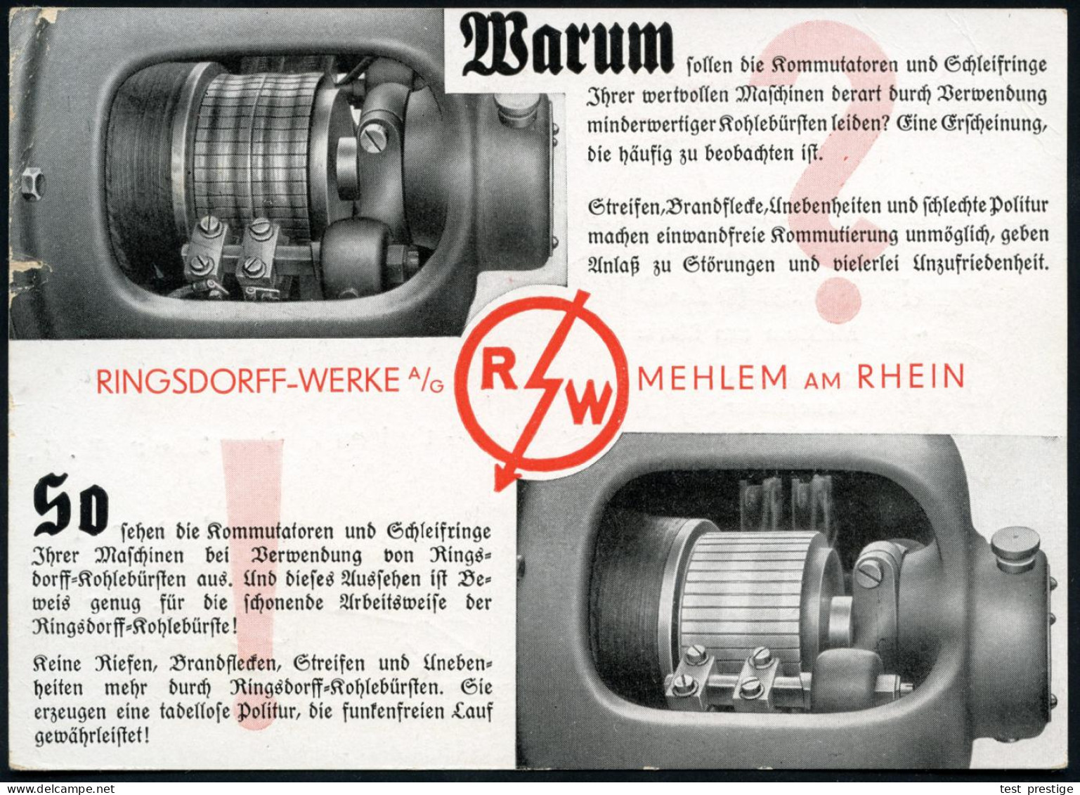 MEHLEM/ Bürstenhalter/ RINGSDORFF/ WERKE AG. 1935 (26.11.) AFS = Kohlebürstenhalter Auf Passender, Zweifarb. Reklamekt.! - Electricity