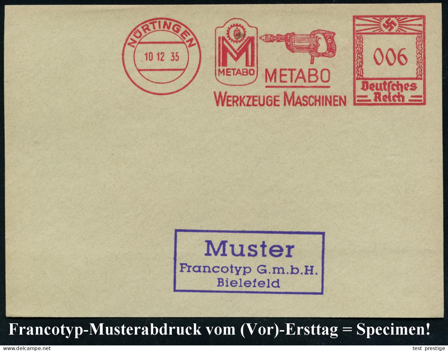 NÜRTINGEN/ METABO/ WERKZEUGE MASCHINEN 1935 (10.12.) AFS-Musterabdruck Francotyp "Hakenkreuz" (Elektro-Bohrer) Glasklar  - Electricidad