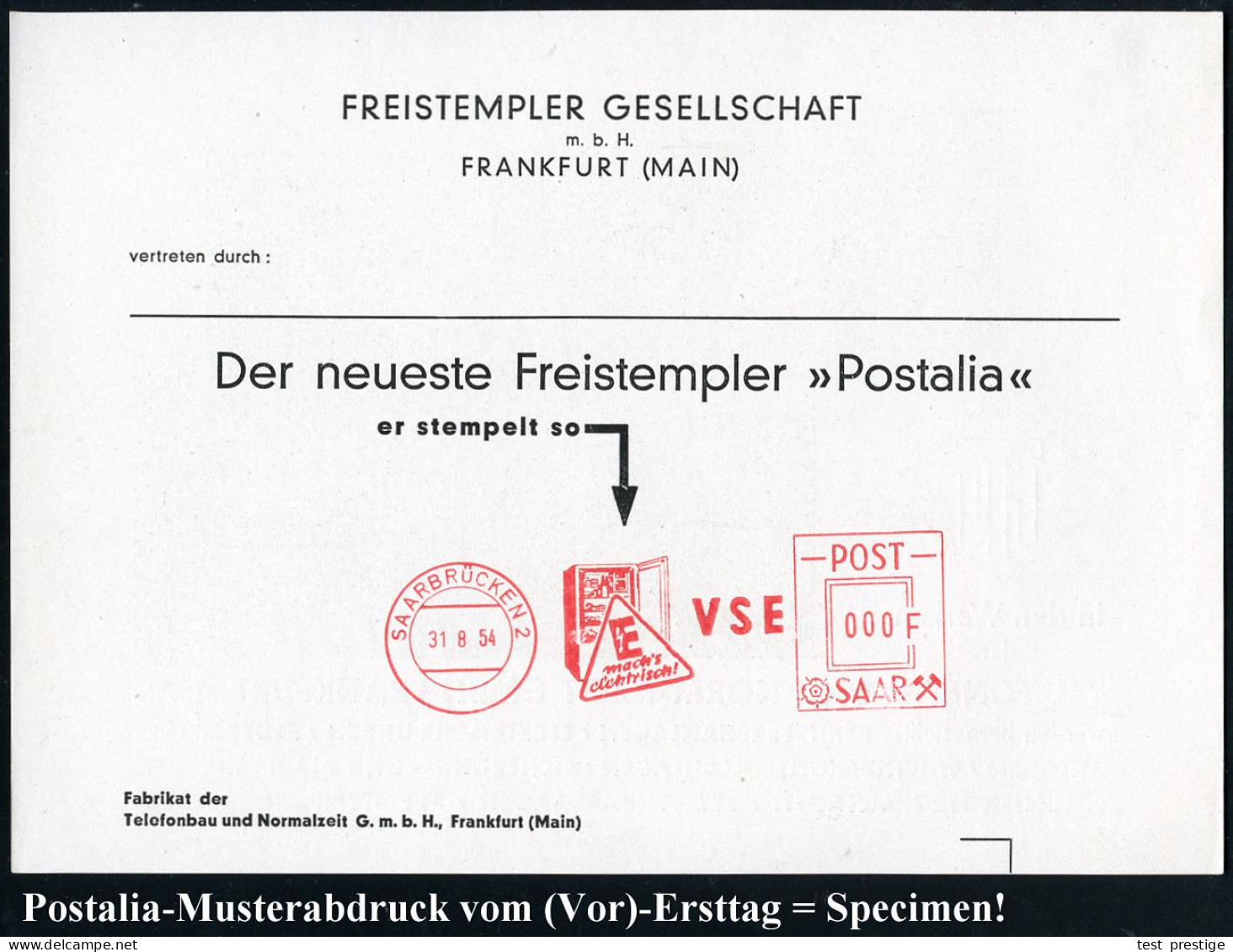 SAARLAND 1954 (31.8.) AFS Postalia-Musterabdruck  "POST SAAR" 000 F.: SAARBRÜCKEN 2/V S E/E/macht's/elektrisch = Geöffne - Electricity