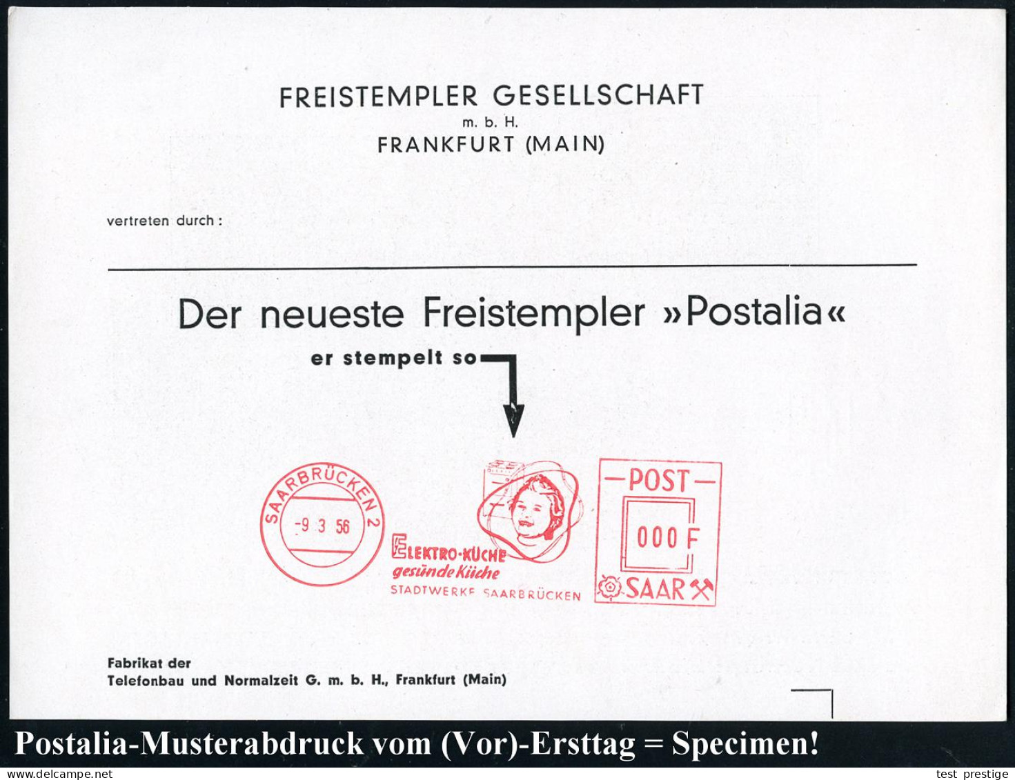 SAARLAND 1958 (9.9.) AFS Postalia-Musterabdruck "POST SAAR" 000 F.: SAARBRÜCKEN 2/ELEKTRO-KÜCHE/gesunde Küche/STADTWERKE - Electricidad