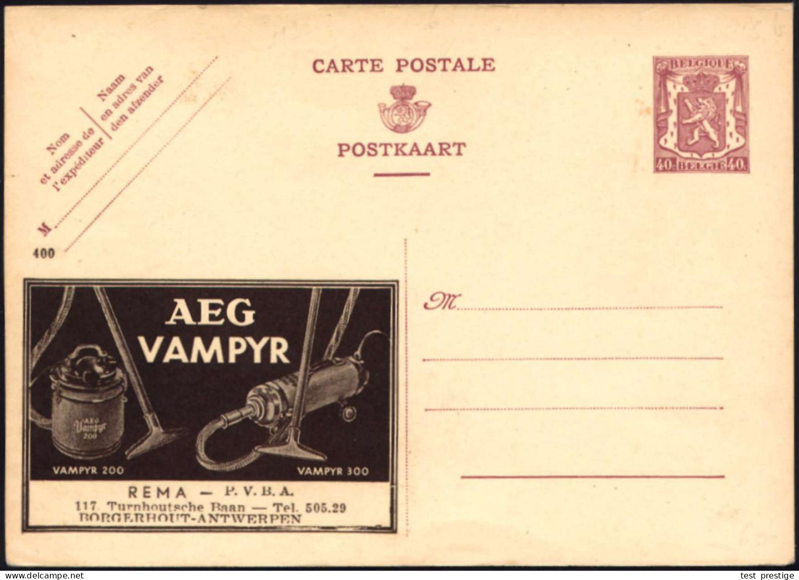 BELGIEN 1938 40 C. Reklame-P ,lila: AEG/VAMPYR/..REMA - P.V.B.A./..BORGERHOUT = AEG-Staubsauger "VAMPYR 200" U. "VAMPYR  - Elektrizität