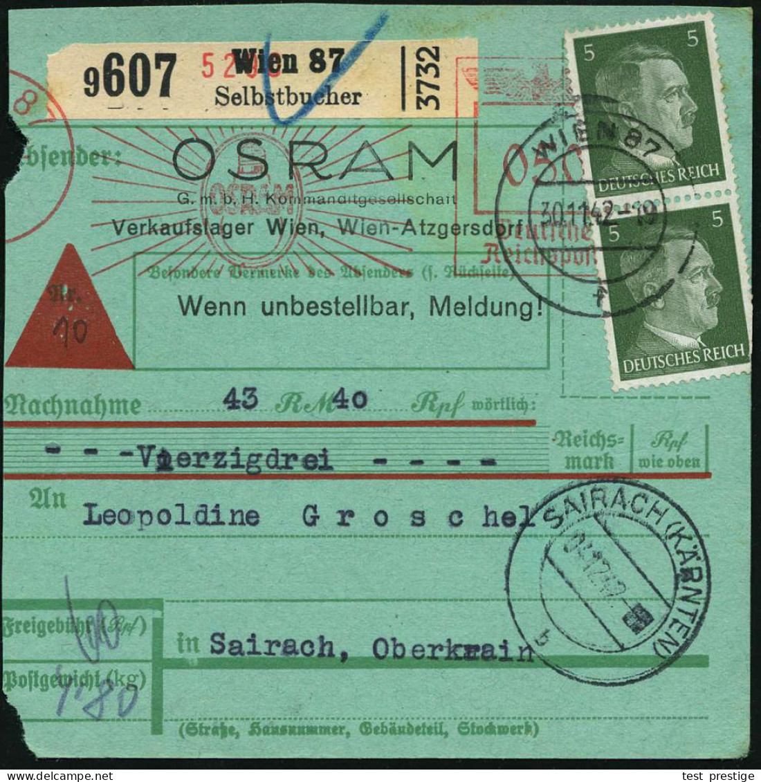 WIEN 87/ OSRAM 1942 (30.11.) AFS Francotyp 050 Pf. = Glühbirne (links Ort Nicht Voll, Da Paketkt.) + Schw, Paketzettel:  - Electricité