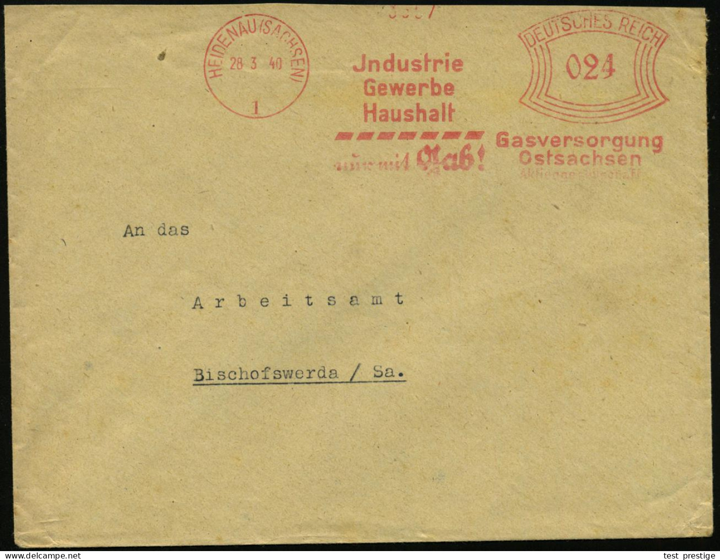 HEIDENAU (SACHSEN)/ 1/ Jndustrie/ Gewerbe/ Haushalt/ Nur Mit Gas!/ Gasversorgung/ Ostsachsen/ AG 1940 (28.3.) AFS Franco - Gas