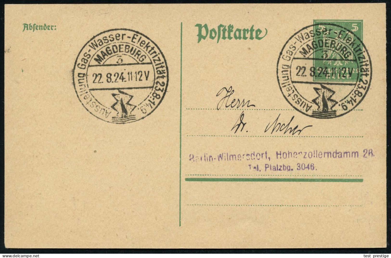 MAGDEBURG/ 3/ Ausst. Gas-Wasser-Elektrizität 1924 (22.8.) HWSt (stilis. Flammen, Wellen) Klar Gest. Inl.-Kt. (Bo.5 II) - - Sonstige & Ohne Zuordnung