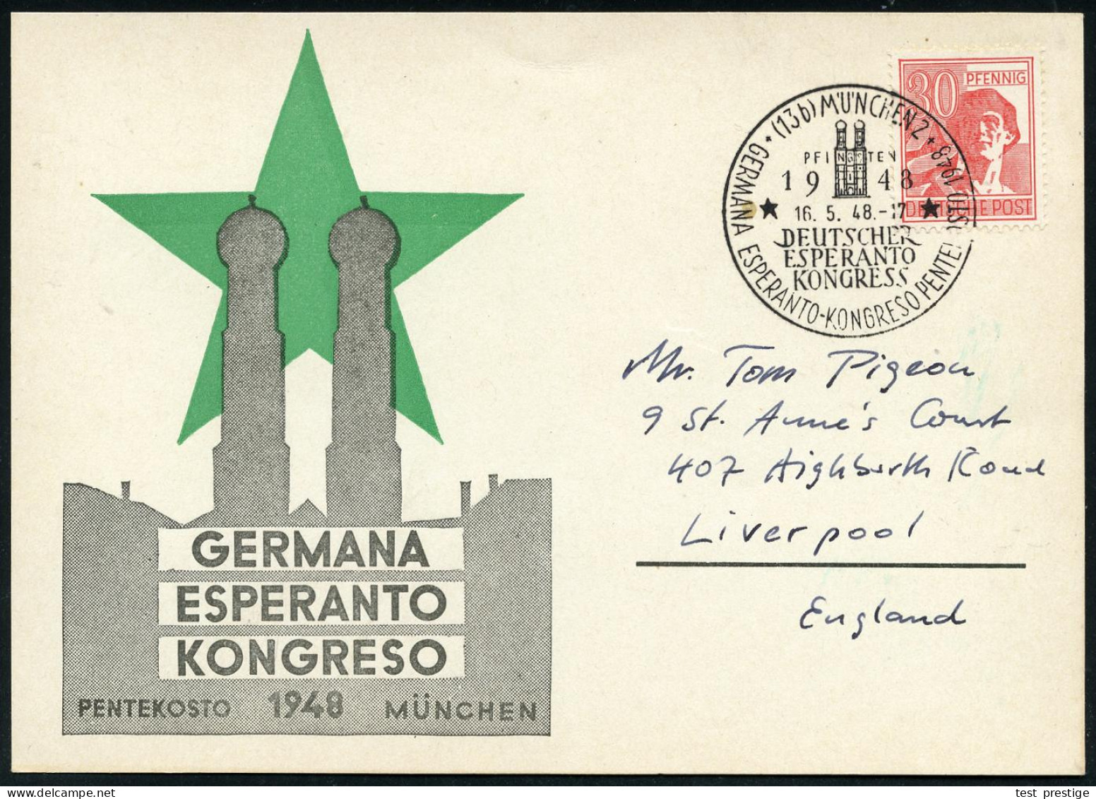 (13b) MÜNCHEN 2/ DEUTSCHER/ ESPERANTO/ KONGRESS.. 1948 (Mai) SSt Type I (Frauenkirche) Motivähnl. Ausl.-Sonderkarte! (Mi - Esperánto