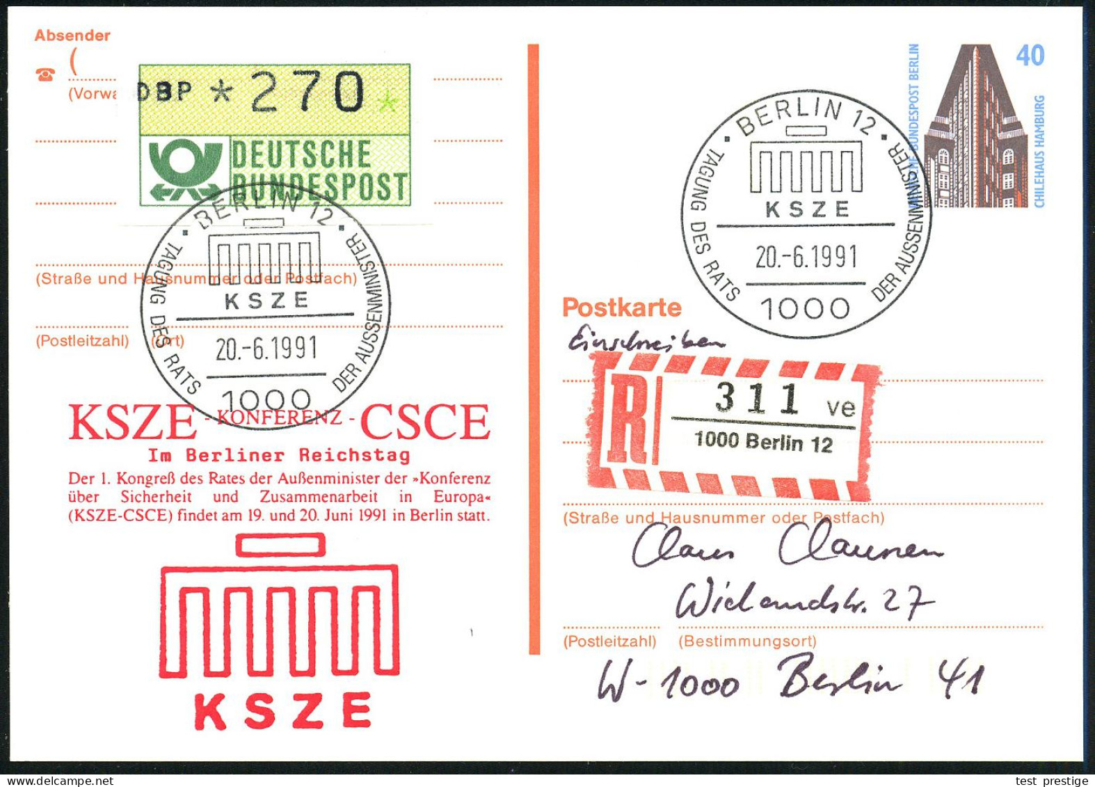 1000 BERLIN 12/ KSZE/ TAGUNG DES RATS DER AUSSENMINISTER 1991 (20.6.) SSt = Stilis. Brandenbg.Tor Auf Amtl. P 60 Pf. Bav - Sonstige & Ohne Zuordnung