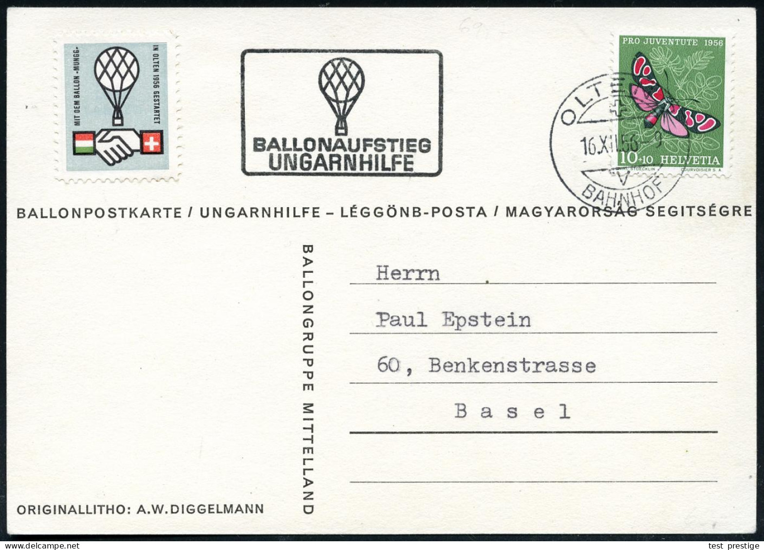 SCHWEIZ /  UNGARN 1956 (16.12.) Ballon-Sonderkarte: Ungarnhilfe , 1K: OLTEN 2/BAHNHOF + Ballon-HdN: UNGARNHILFE + Color- - Otros & Sin Clasificación