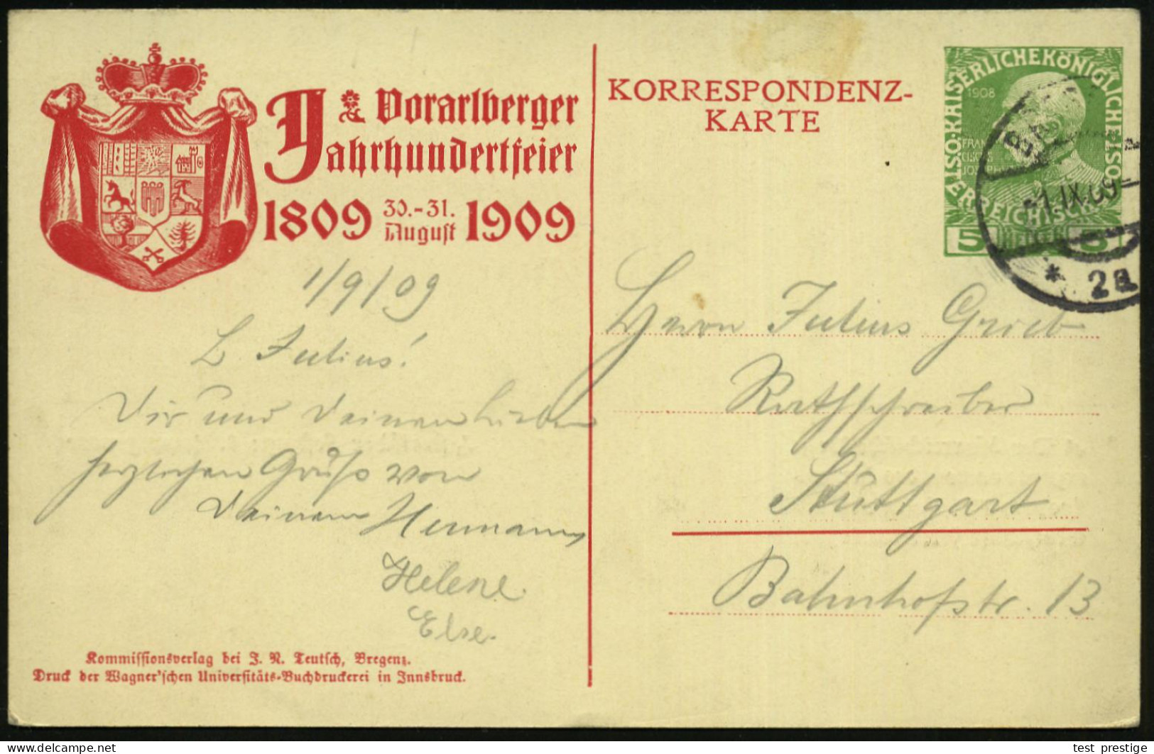 ÖSTERREICH 1909 (1.9.) PP 5 H. KFJ-Jubiläum, Grün: Jubiläumsfeier Vorarlberg 1809, Histor. Festzug: Herzog Leopold III.  - Autres & Non Classés