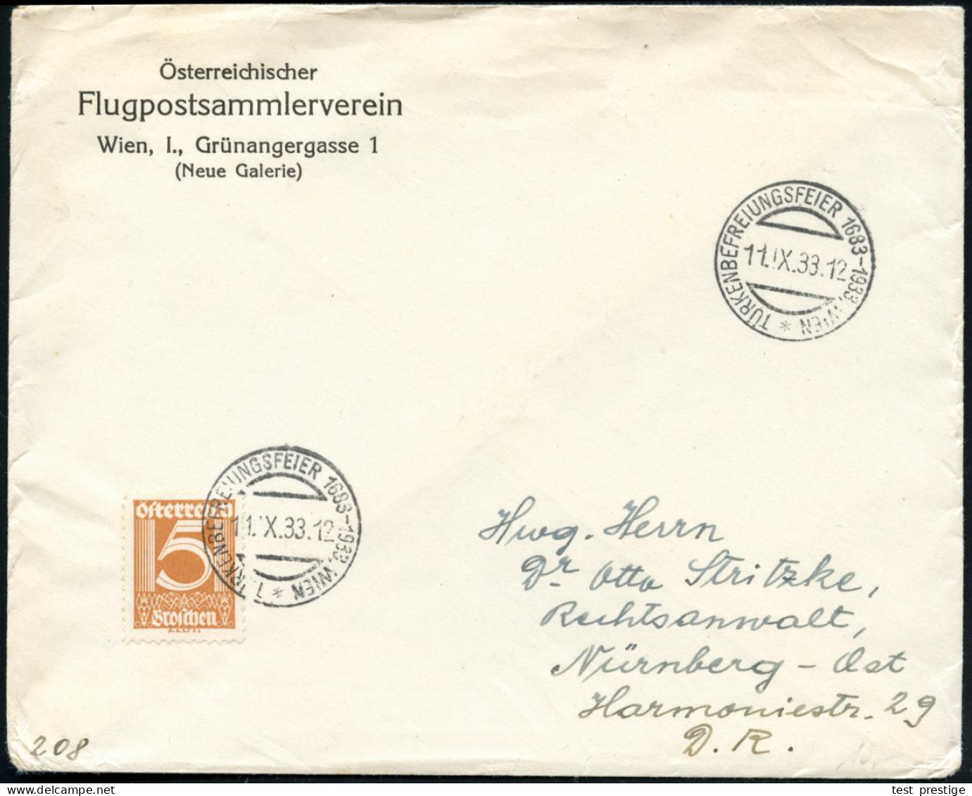 ÖSTERREICH 1933 (11.9.) SSt: WIEN/TÜRKENBEFREIUNGSFEIER 1683-1933 2x Klar Auf Ausl.-Bf., = Schlacht Am Kahlenberg, Sieg  - Sonstige & Ohne Zuordnung