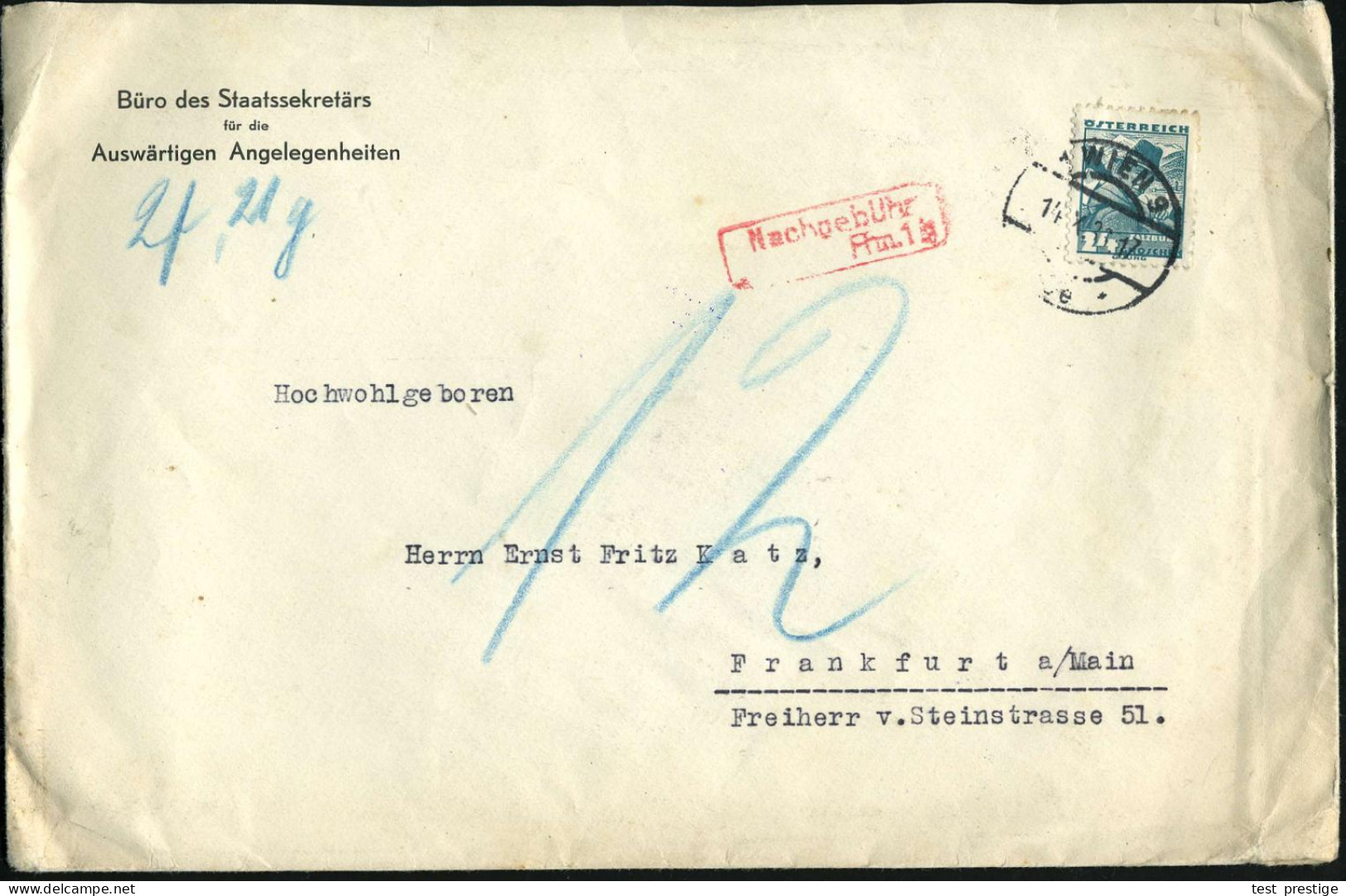 ÖSTERREICH 1936 (14.10.) 1K-Brücke: 1 WIEN 9 Auf EF 24 Gr. Trachten, Vordr.-Bf.: Büro Des Staatssekretärs Für Die Auswär - Other & Unclassified