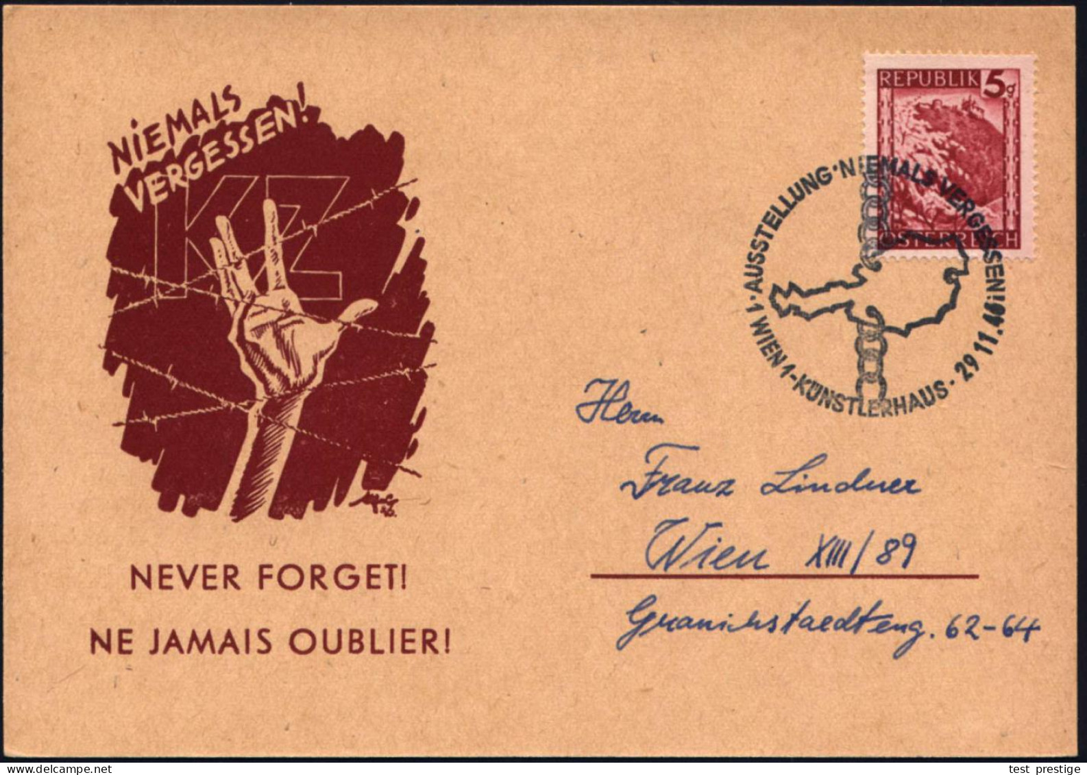 ÖSTERREICH 1946 (29.11.) SSt: 1 WIEN 1/..AUSSTELLUNG NIEMALS VERGESSEN (Österr.Karte M.Kette) Auf Sonder-Kt: NIEMALS VER - Otros & Sin Clasificación