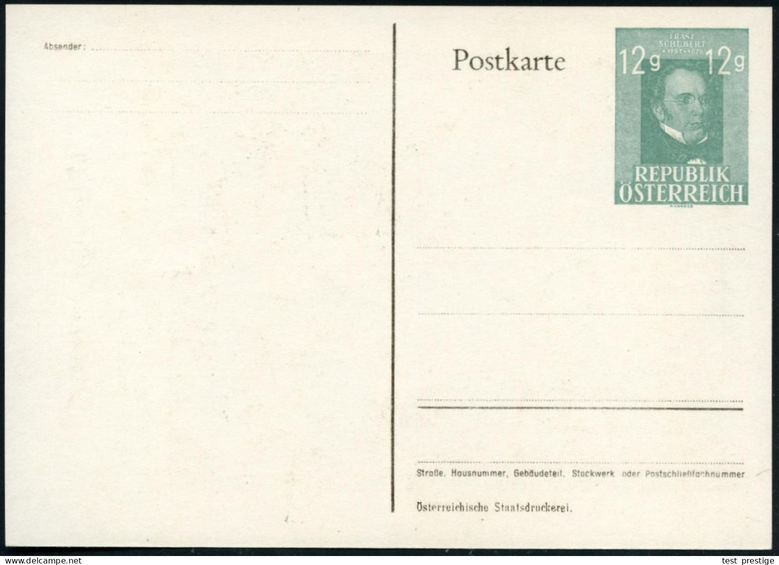 ÖSTERREICH 1947 PP 12 Gr. Franz Schubert, Grün: Präs. Dr. Karl Renner Mit Brille, UN-Zitat , Ungebr., (SB.PP 152 A) - EU - Other & Unclassified