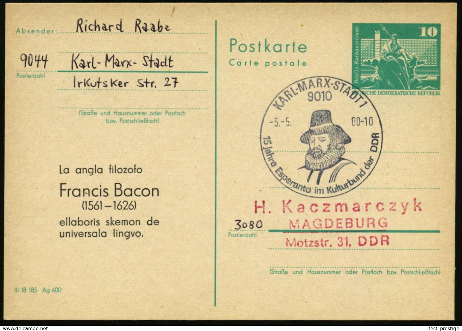 9010 KARL-MARX-STADT 1/ 15 Jahre Esperanto.. 1980 (5.5.) SSt = Brustbild Francis Bacon (1561 - 1626) Auf Amtl.P 10 Pf. N - Other & Unclassified