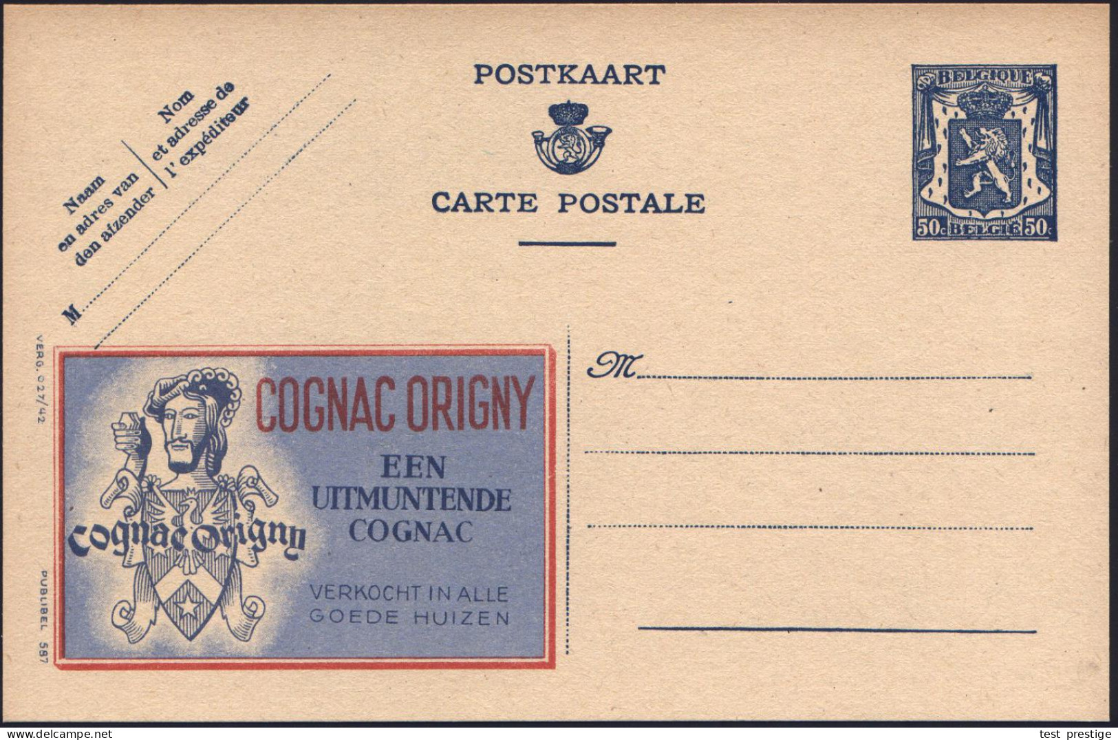 BELGIEN 1941 50 C. Reklame-P Löwe, Blau: COGNAC ORIGNY/EEN/UITMUNTENDE/COGNAC.. (= Kopfbild Franz I. Mit Cognac-Glas) Fl - Otros & Sin Clasificación