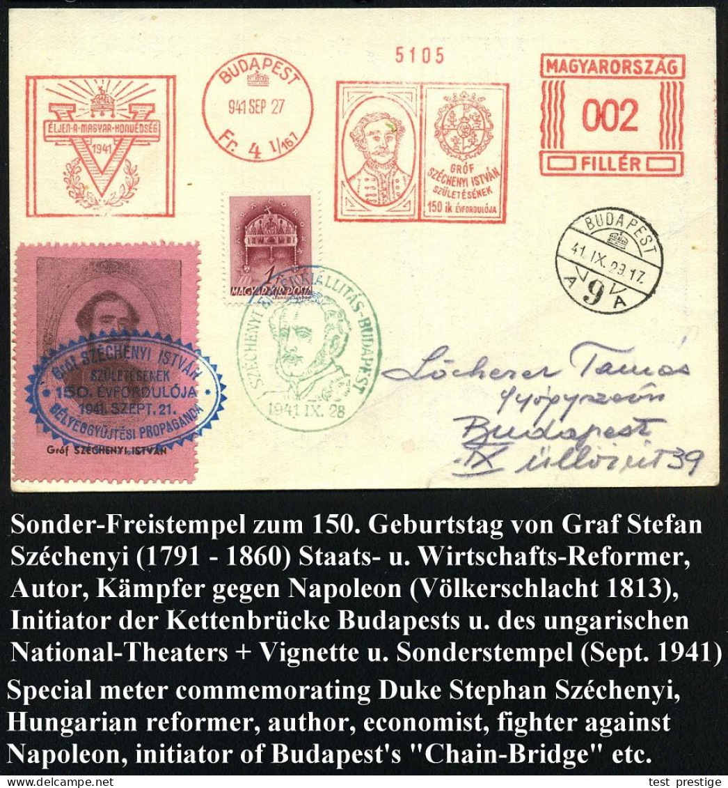 UNGARN 1941 (27.9.) AFS Francotyp: BUDAPEST/Fr.4/GROF/SZECHENYI ISTVAN/SZÜLETESENEK... = 150. Geburtstag Graf Stephan Sz - Sonstige & Ohne Zuordnung