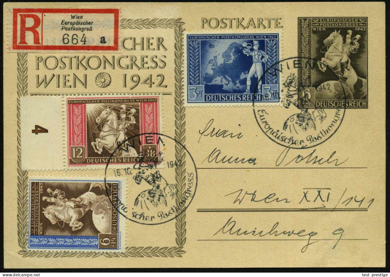 WIEN/ Europäischer Postkongress 1942 (21.10.) SSt = Postreiter Auf Globus 2x Auf Sonder-P 6 + 4 Pf. "Europ. Post-Kongreß - Sonstige & Ohne Zuordnung