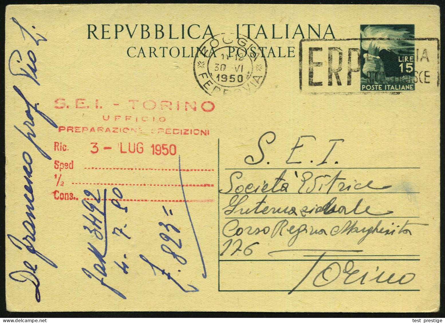 ITALIEN 1950 (30.6.) Seltener MWSt: FOGGIA/FERROVIA/E R P /L'ITALIA/RICOSTRUISCE (Text Rechts) Bedarfs-Inl.-Kt. - EUROPA - Sonstige & Ohne Zuordnung