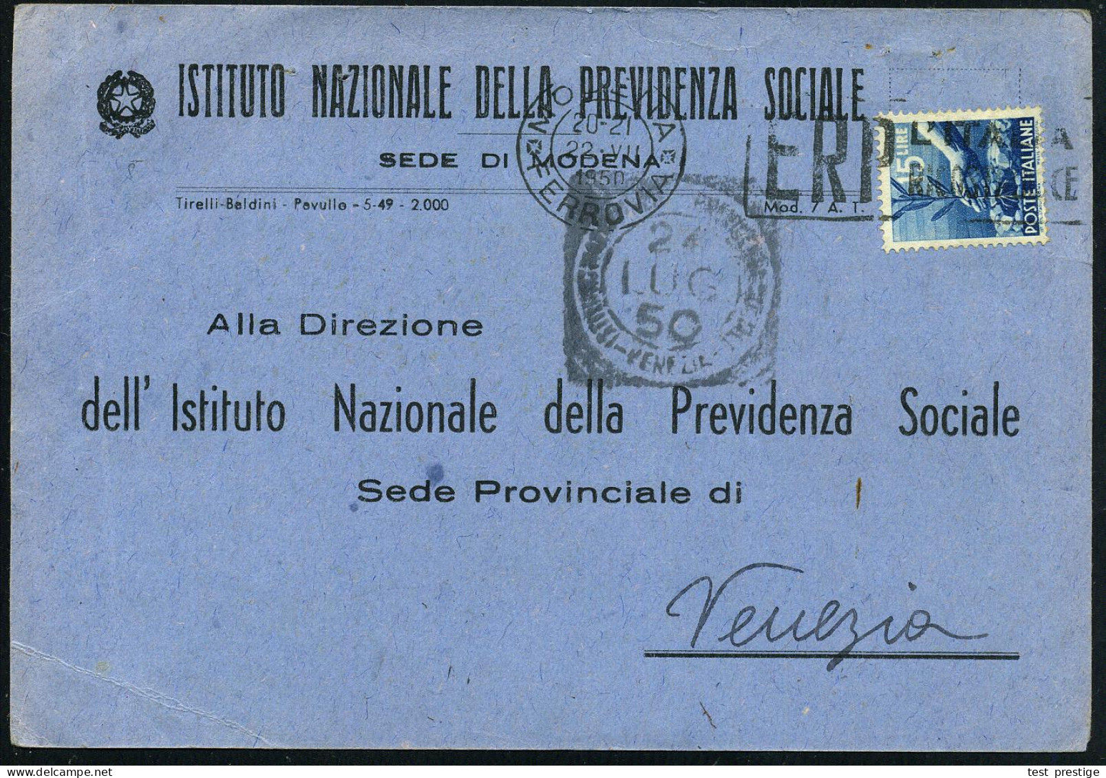 ITALIEN 1950 (1.10.) Seltener MWSt.: MODENA/FERROVIA/ E R P  L'ITALIA/RICONSTRUISCE , Klar Gest.Inl.-Dienst-Bf. - EUROPA - Other & Unclassified