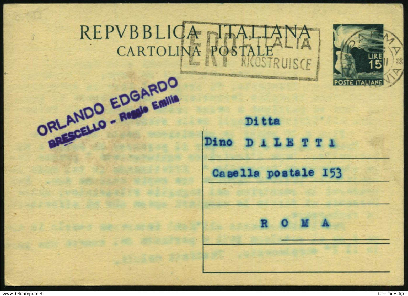 ITALIEN 1950 (11.12.) Seltener MWSt.: PARMA/FERROVIA/E R P / L'ITALIA/RICOSTRUISCE (Text Links) Bedarfs-Kt. - EUROPA-VOR - Sonstige & Ohne Zuordnung