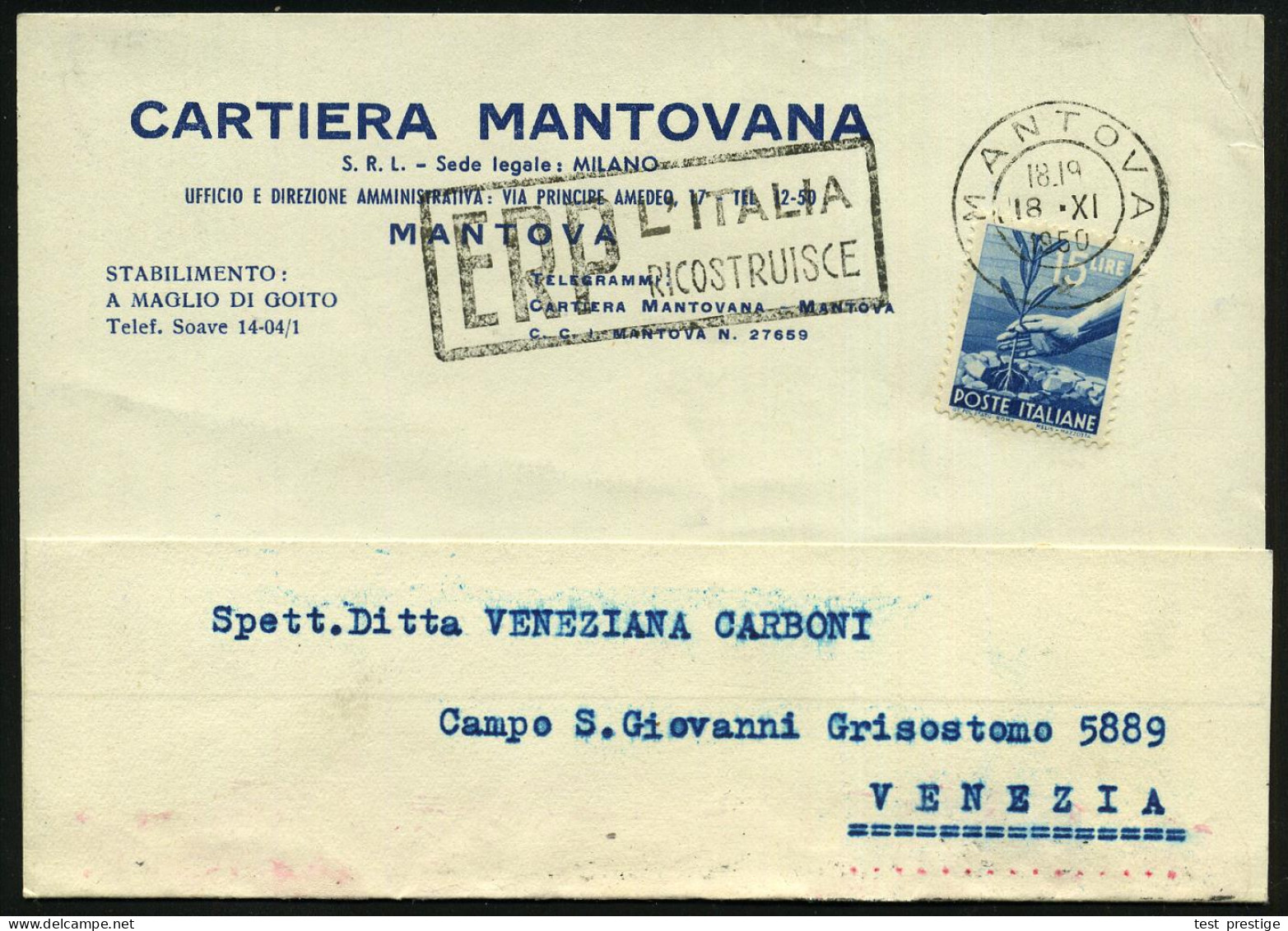 ITALIEN 1950 (18.11.) Seltener MWSt.: MANTOVA/*/E R P/ L'ITALIA/RICOSTRUISCE (Text Links) Klar Gest. Firmen-Kt. - EUROPA - Otros & Sin Clasificación