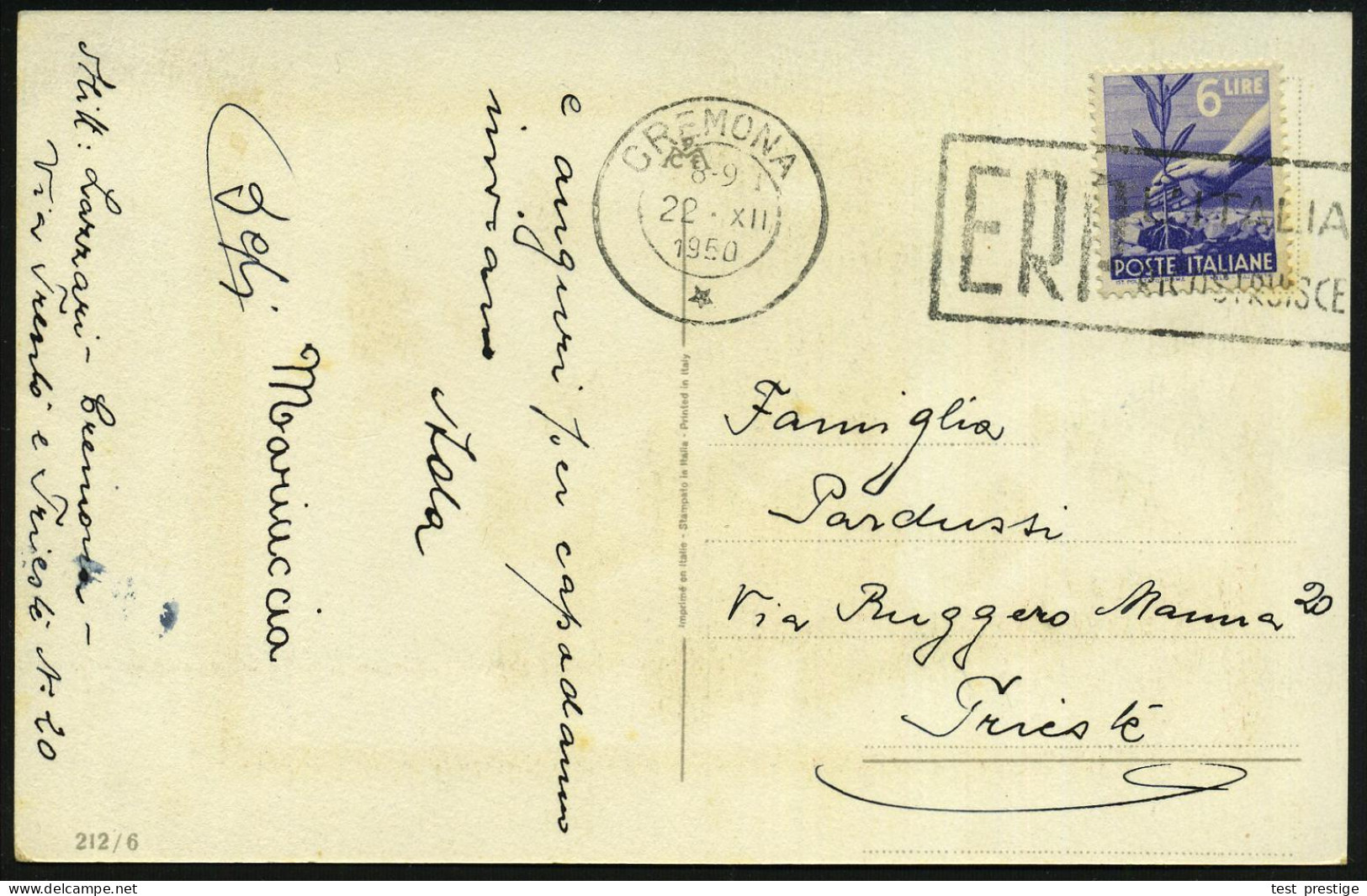 ITALIEN 1950 (22.12.) Seltener MWSt.: CREMONA/*/ E R P / L'ITALIA/RICOSTRUISCE (Text Rechts) Bedarfs-Inl.-Weihnachts-Ak. - Autres & Non Classés