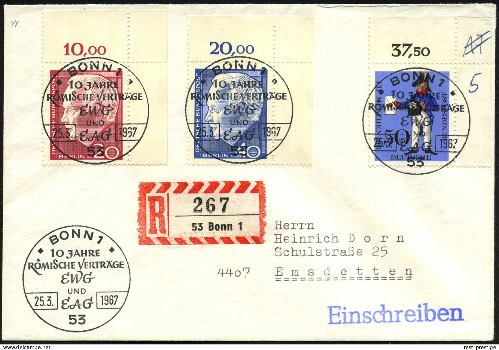 53 BONN 1/ 10 JAHRE/ RÖMISCHE VERTRÄGE/ EWG/ U./ EAG 1967 (25.3.) SSt Mehrfach + RZ: 53 Bonn 1, Klar Gest. Inl.-R-Bf. (B - Autres & Non Classés