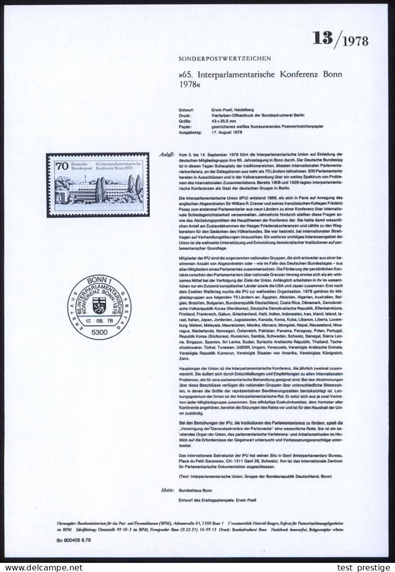 B.R.D. 1978 (Aug.) 70 Pf. "65. Interparlamentarische Konferenz Bonn" (Bundestag) + Amtl. Handstempel  "M U S T E R" , Po - Otros & Sin Clasificación